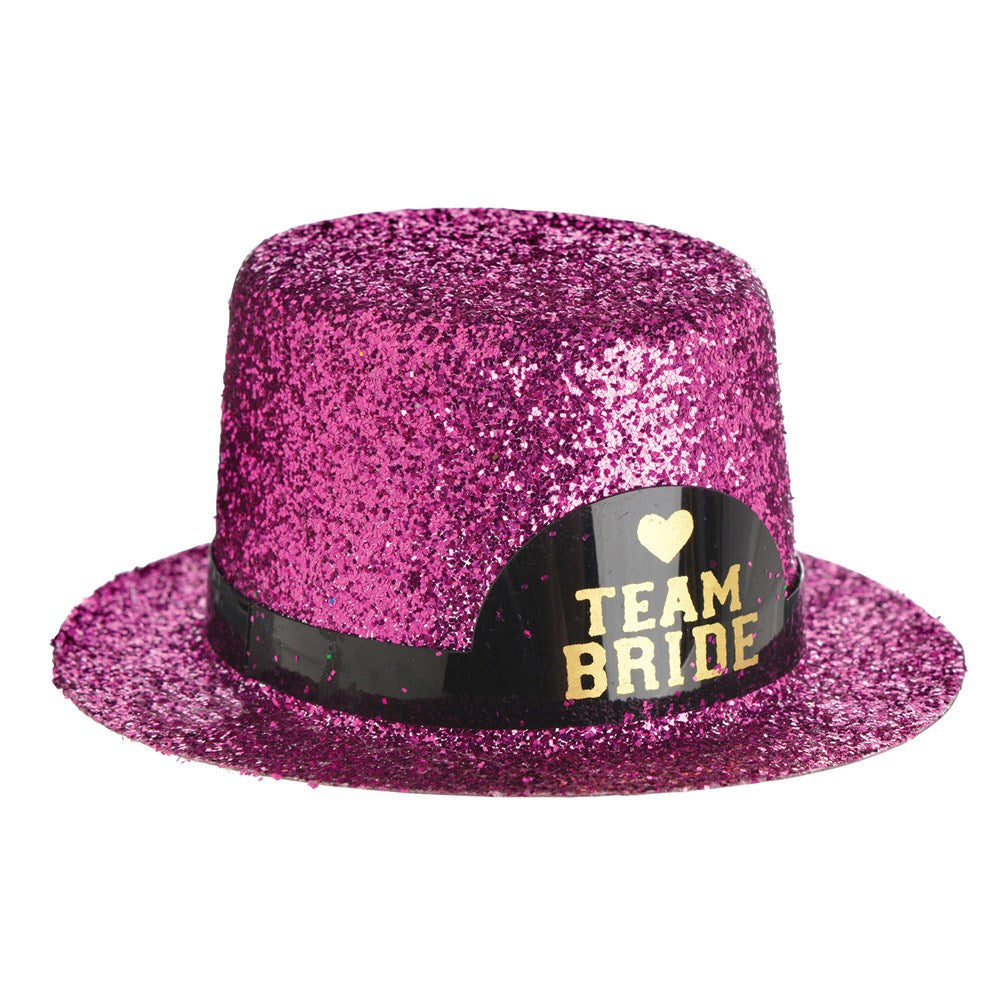 Pink glitter mini top hat with black band and gold "Team Bride" text and heart detail.