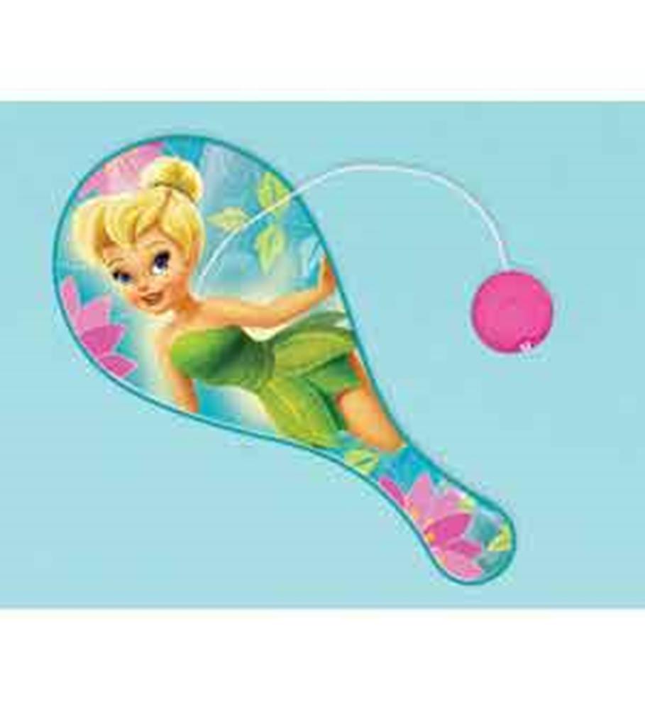 Round paddle ball with a colorful Tinkerbell graphic, green dress, and pink ball attached by string.