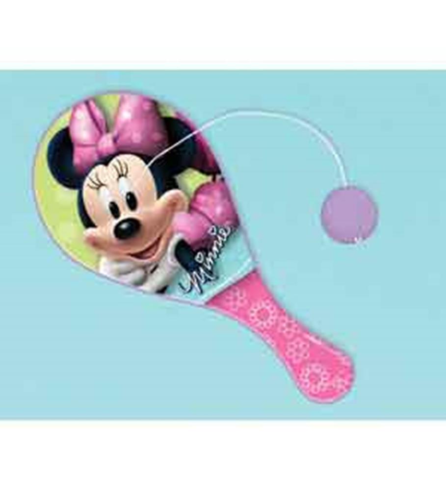 Pink paddle ball with Minnie Mouse graphic, attached purple ball, floral patterns on handle.
