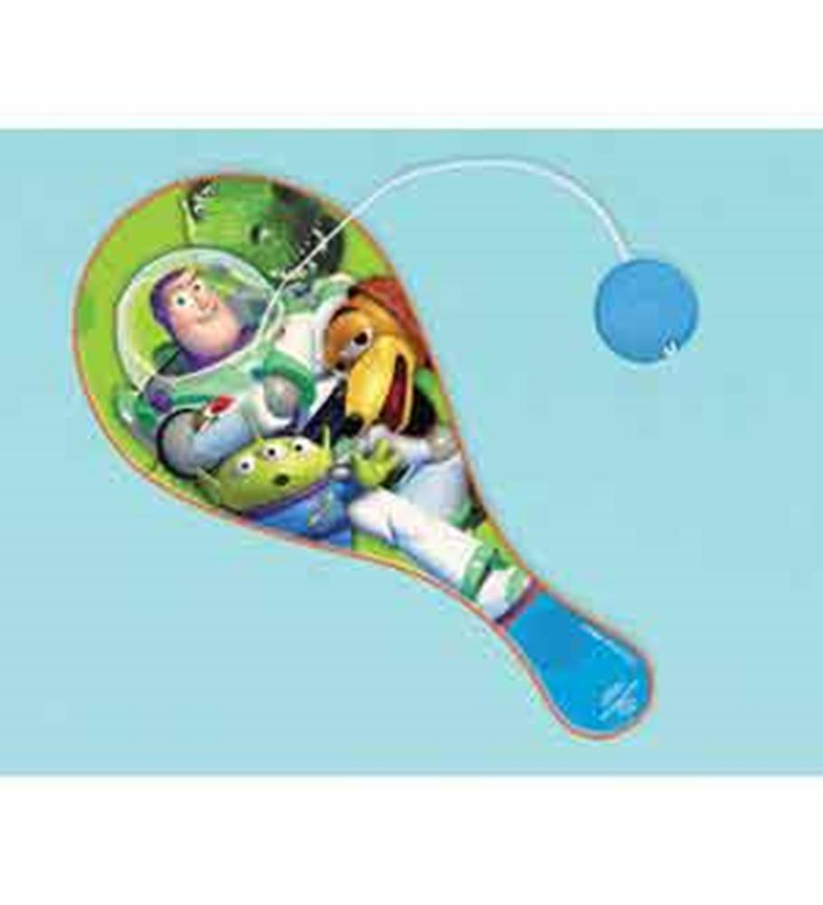 Toy Story 3 paddle ball with green and blue handle featuring Buzz Lightyear, Slinky Dog, and Alien characters.