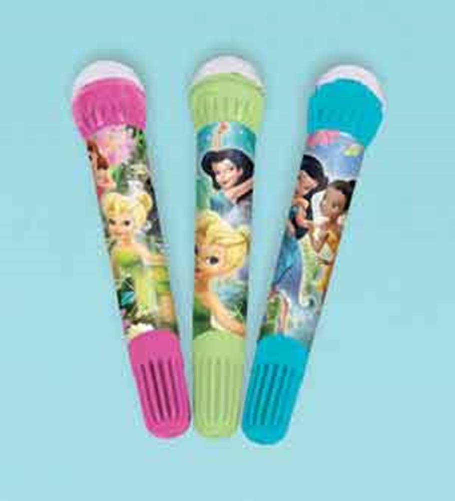 Set of three cone-shaped roller stamper markers in pink, green, and blue with Tinkerbell and Disney fairy designs on the.