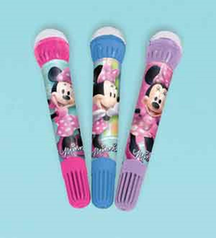 Three colorful plastic Minnie Mouse roller stampers in pink, blue, and purple with character images on the handles.