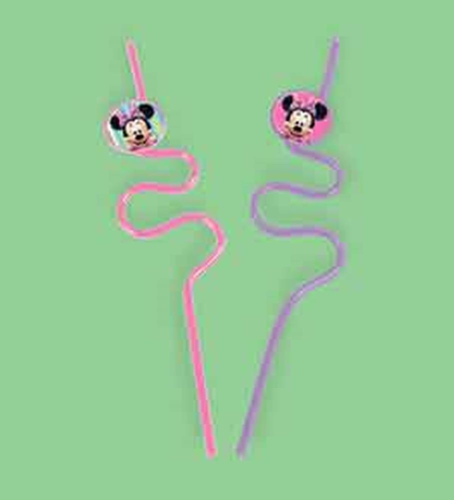 Pink and purple bendy straws with Minnie Mouse face toppers and heart shapes.