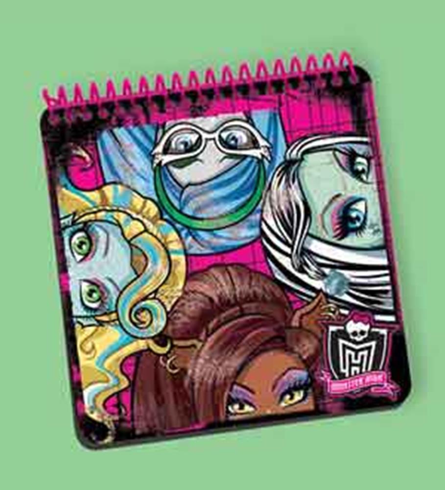 Square spiral-bound notepad with colorful Monster High character faces on the cover against a bright pink and blue.