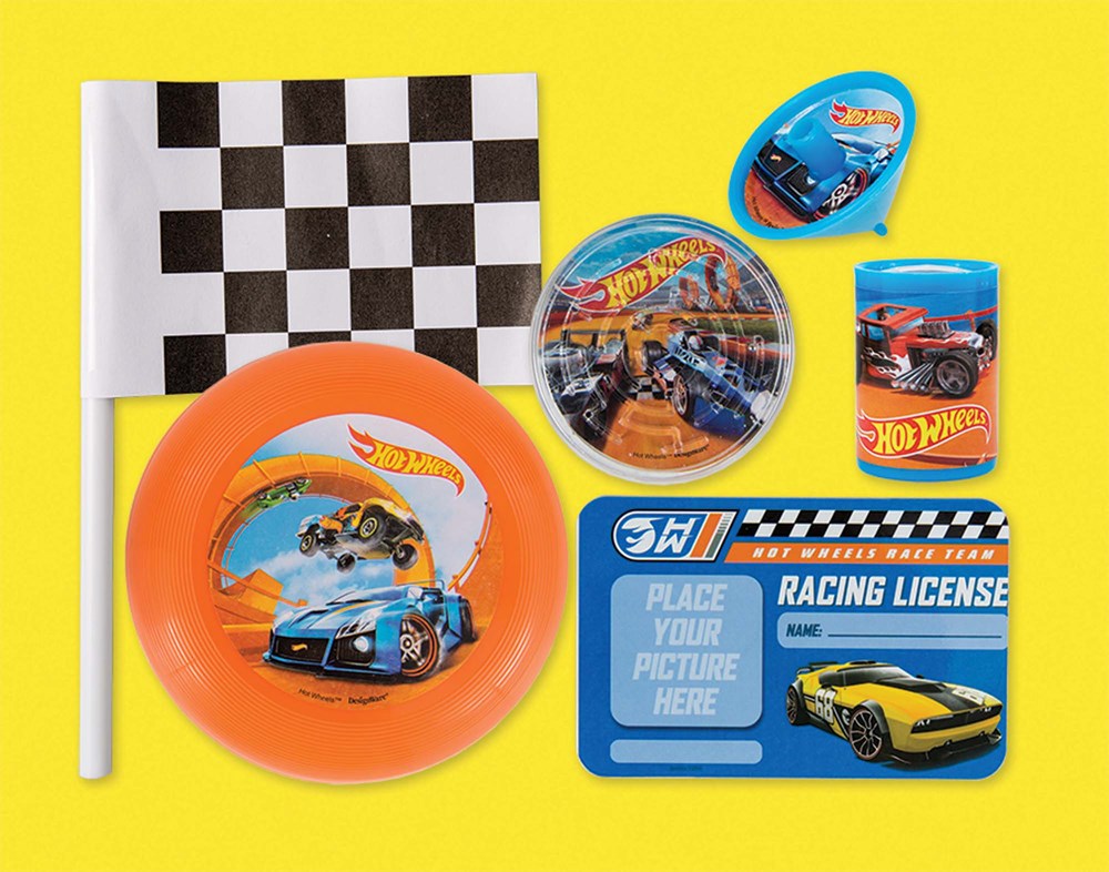 Hot Wheels party plates, checkered flag, and themed stickers on yellow background.