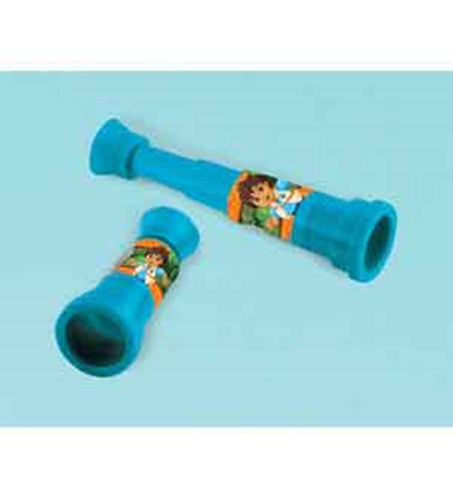 Blue plastic toy telescopes with cartoon character stickers, designed for kids.