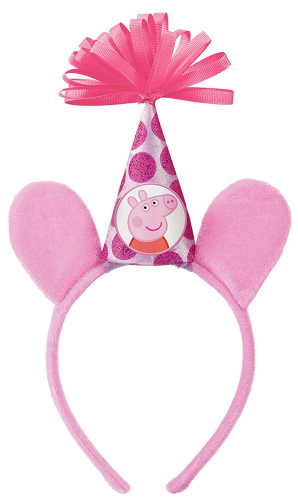 Pink Peppa Pig-themed headband with plush ears and a party hat decorated with polka dots and character face.