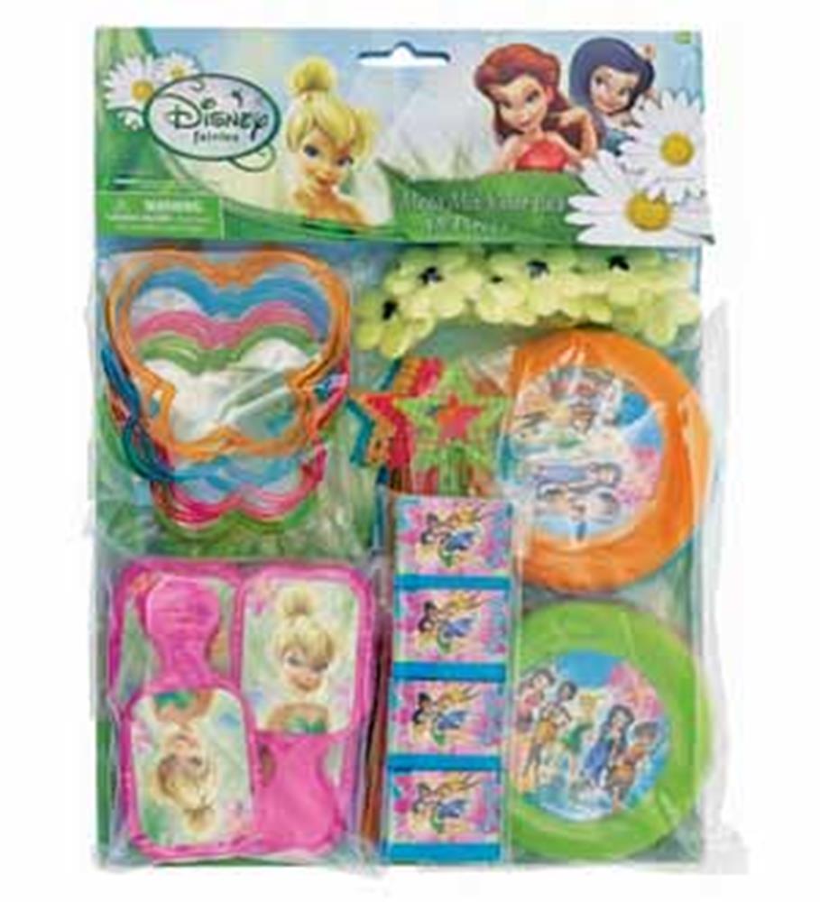 Tinkerbell party favor pack with colorful plates, glow bracelets, Tinkerbell stamps, and bubble wands.