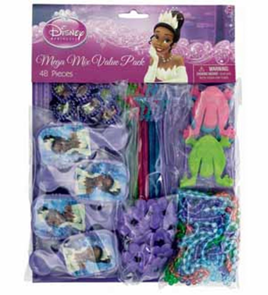 Disney Princess and the Frog favor pack with beads, frog rings, whistle toys, and themed trinkets in purple and green colors.