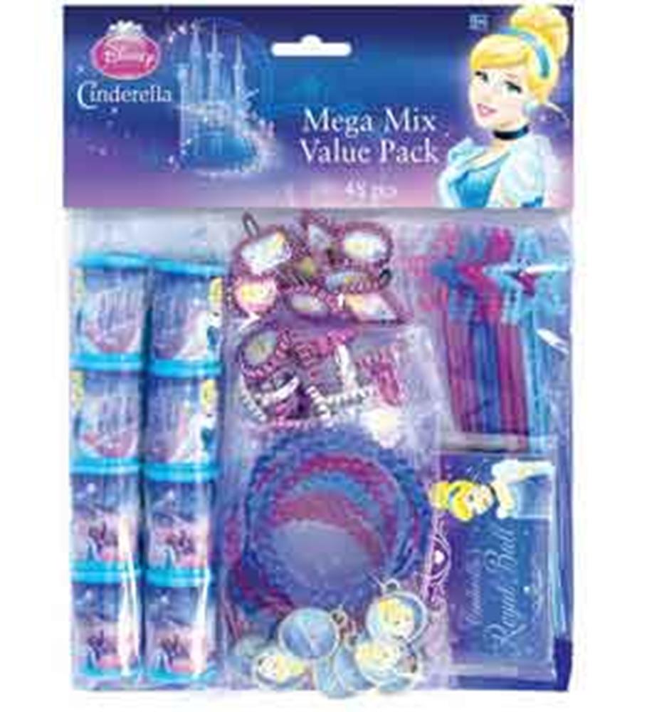 Cinderella-themed party pack with cups, plates, napkins, and decorations in blue and purple tones.