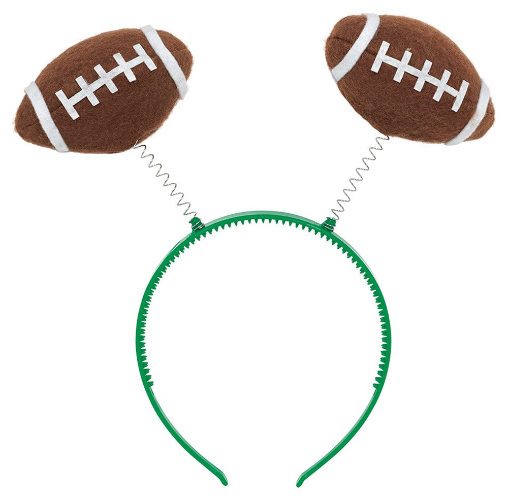 Green plastic headband with two brown foam footballs on spring antennas.