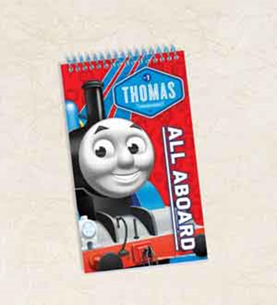 Spiral-bound notepad with blue and red cover featuring smiling Thomas the Tank Engine and text "Thomas" and "All Aboard".