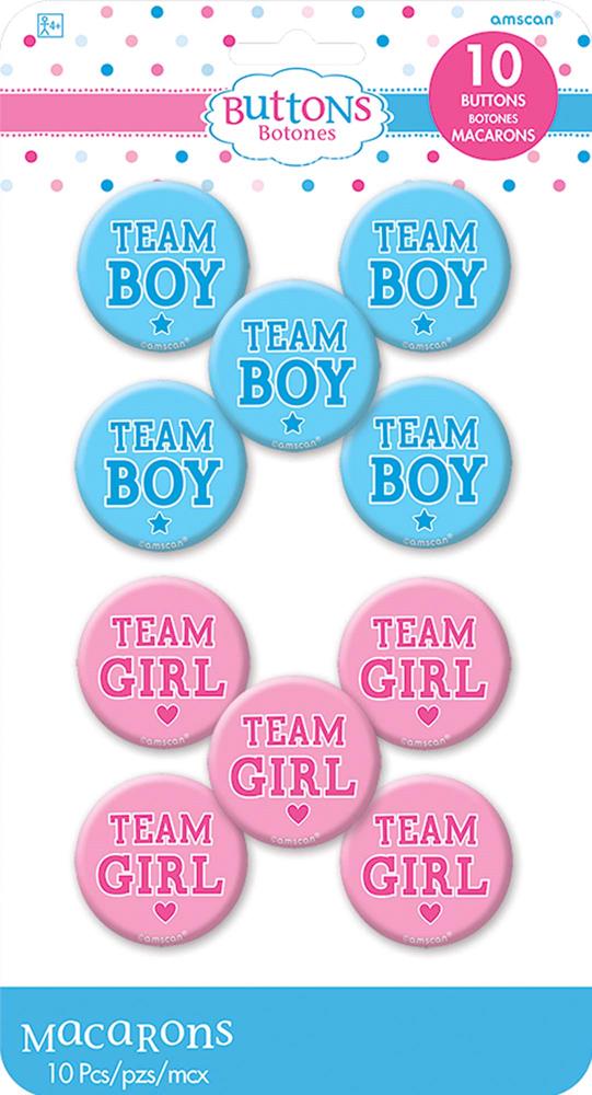 Blue and pink round buttons with "TEAM BOY" and "TEAM GIRL" text, 10-pack for gender reveal.