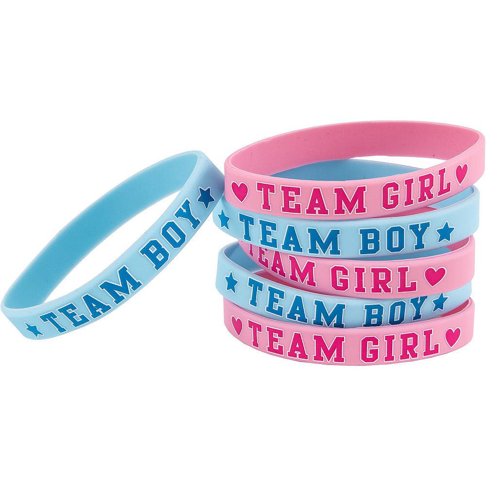 Set of six silicone bracelets in pink and blue with "TEAM GIRL" and "TEAM BOY" text for gender reveal parties.
