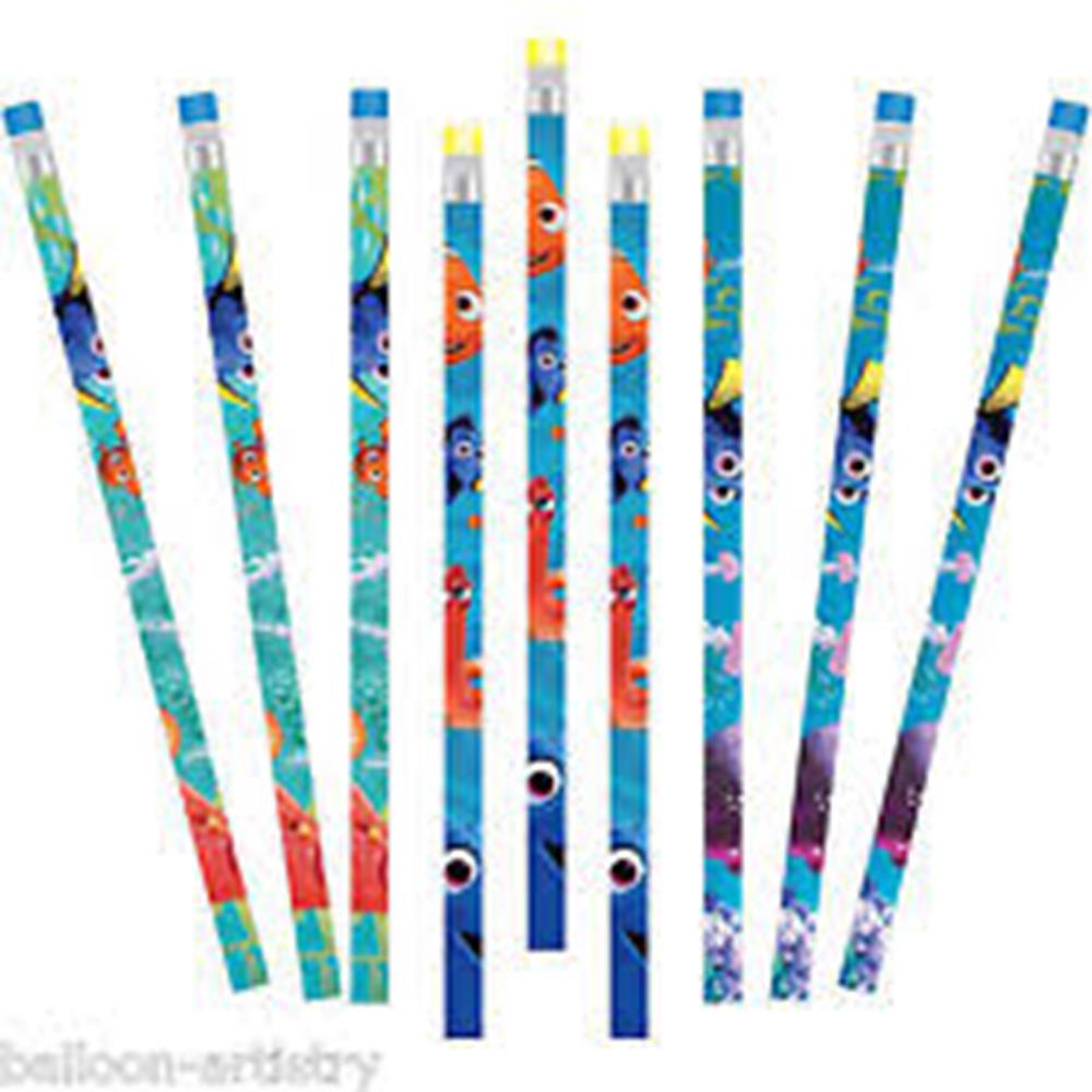 Set of 12 colorful wooden pencils featuring Finding Dory characters with blue erasers.