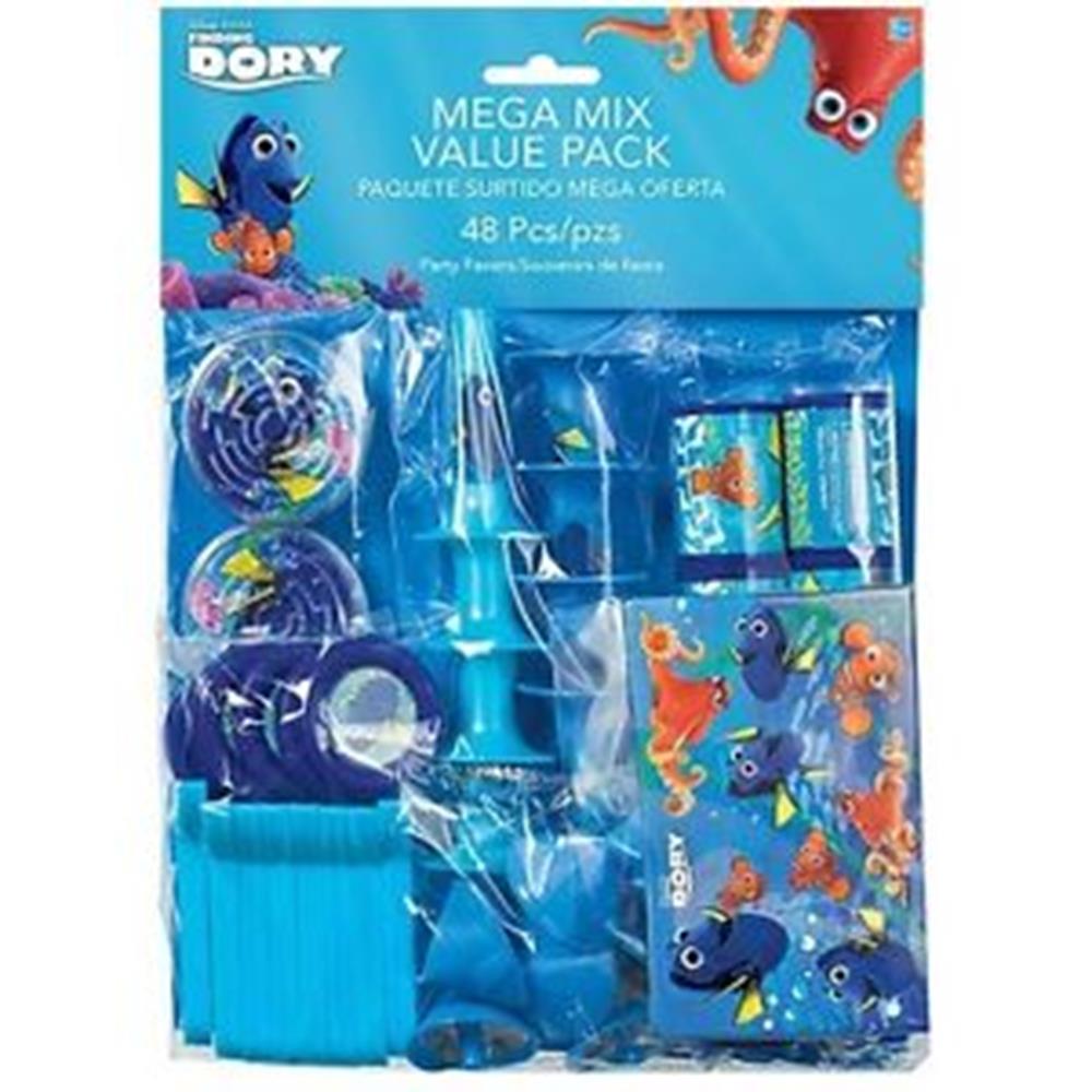 Finding Dory favor pack with cups, plates, napkins, and party hats in blue and orange tones.