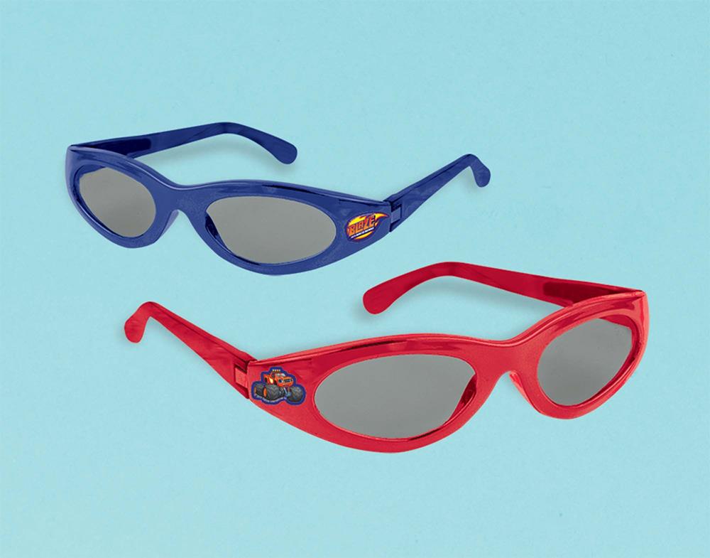 Blue and red kid's sunglasses with Blaze Monster Machines design, oval frames.
