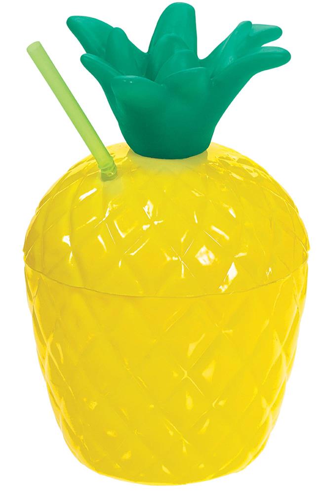 Yellow pineapple-shaped sippy cup with green leafy top and matching green straw.