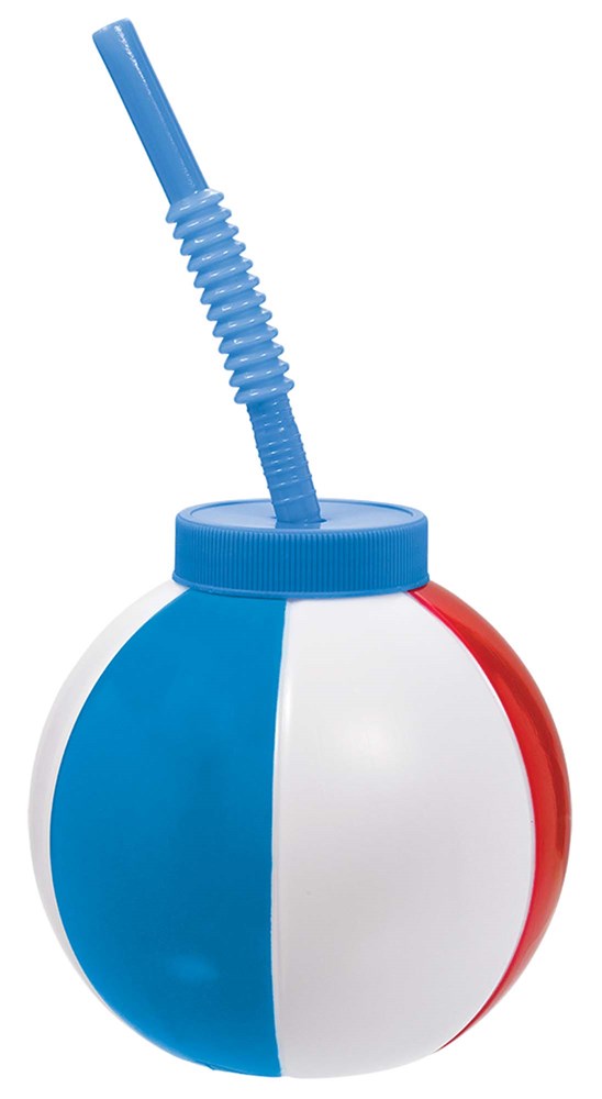 Round plastic sippy cup shaped like a beach ball with blue, white, and red sections and a flexible blue straw.