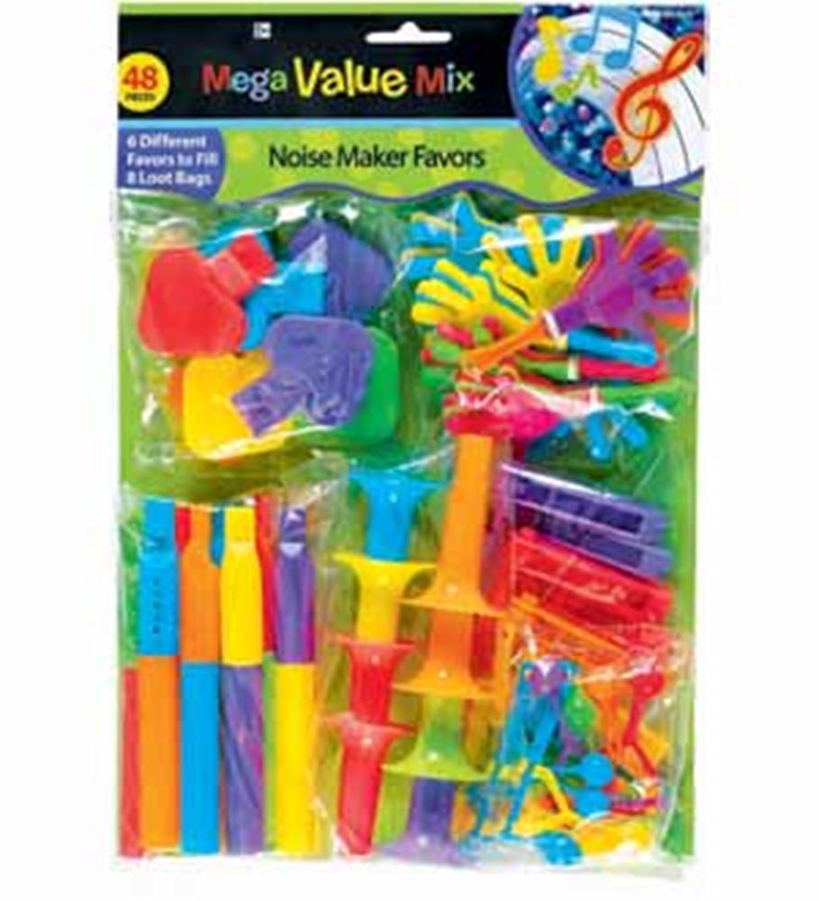 Colorful plastic noisemakers in various shapes including horns, whistles, and blowouts, packed in clear plastic with green.