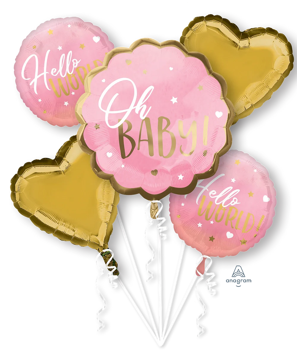Set of five foil balloons with two gold heart shapes, one pink scalloped circle saying "Oh Baby!", and two pink round.