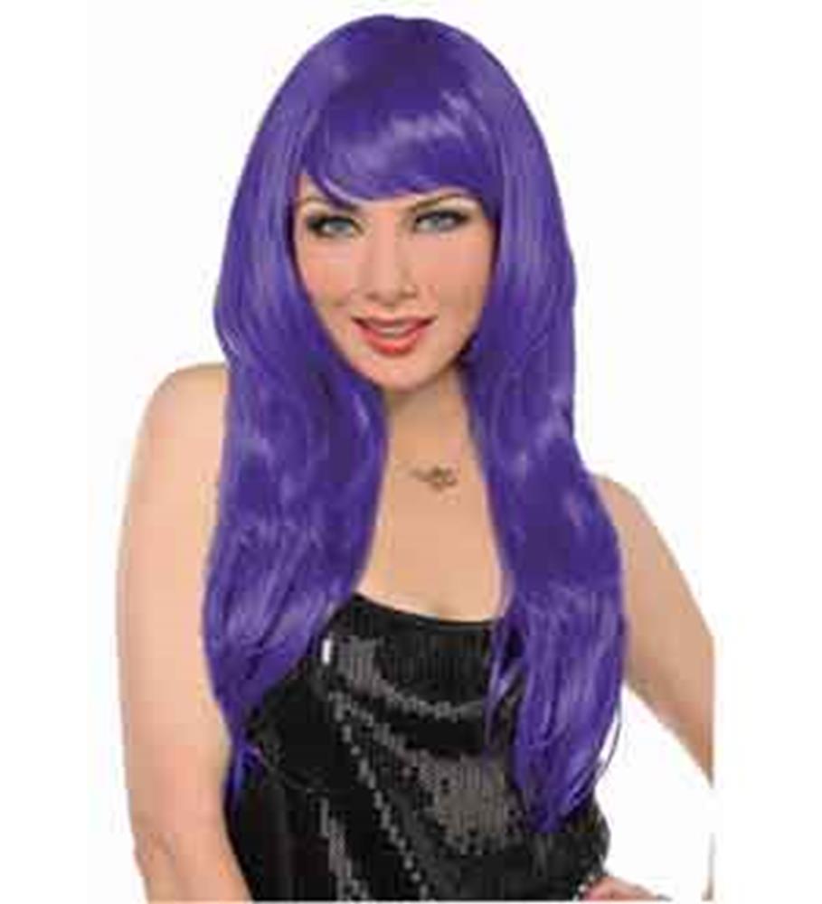 Long shiny purple wig with straight bangs and smooth texture on a female model.