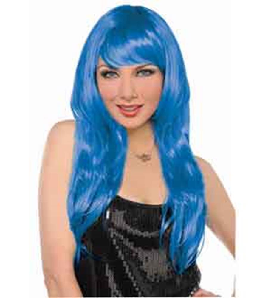 Long, shiny blue wig with straight hair and blunt bangs on a woman wearing a black sequined top.