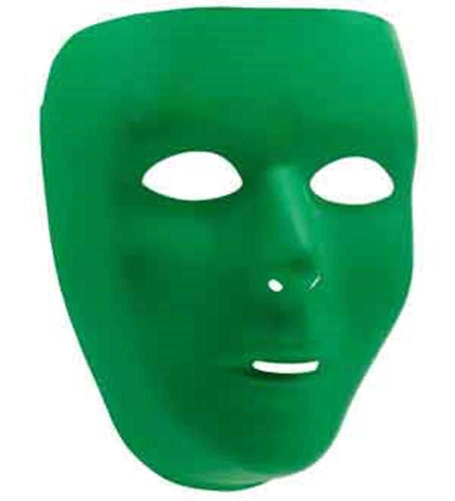 Smooth green full-face mask with cutouts for eyes, nostrils, and mouth, made of lightweight material.