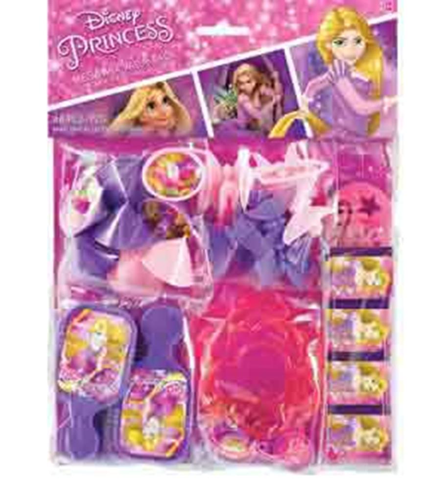 Disney Rapunzel-themed party favor set with bubbles, headbands, bracelets, and stickers in pink and purple packaging.