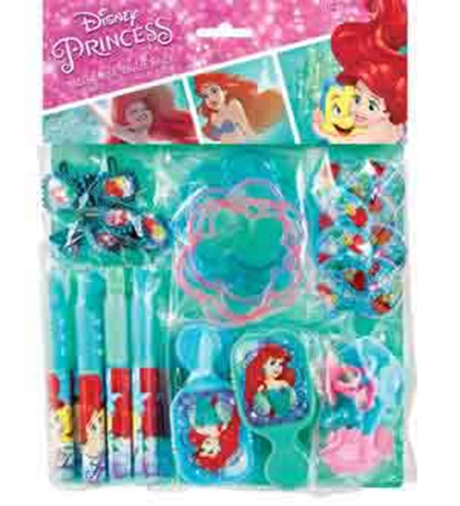 Disney Princess Ariel party favor set with bracelets, rings, and candies in teal and pink colors.
