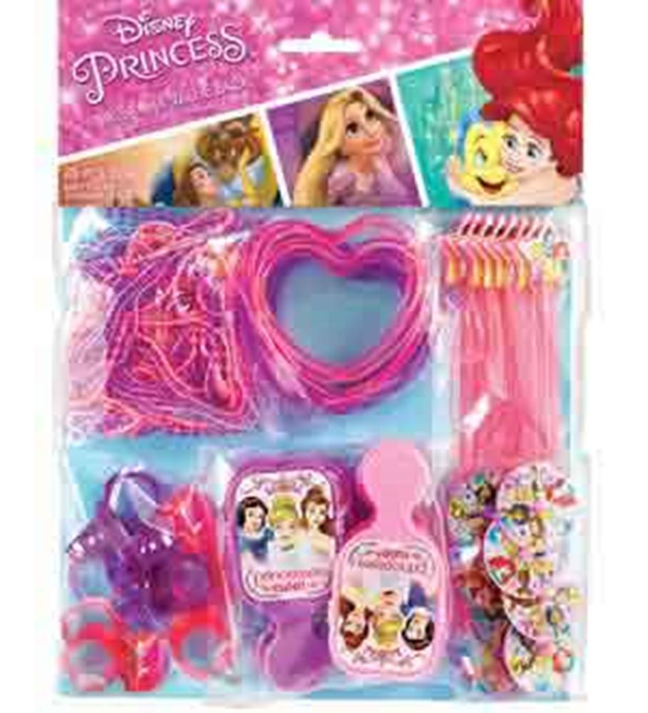 Disney Princess themed party favors including heart-shaped necklaces, rings, and bracelets in pink and purple colors with.