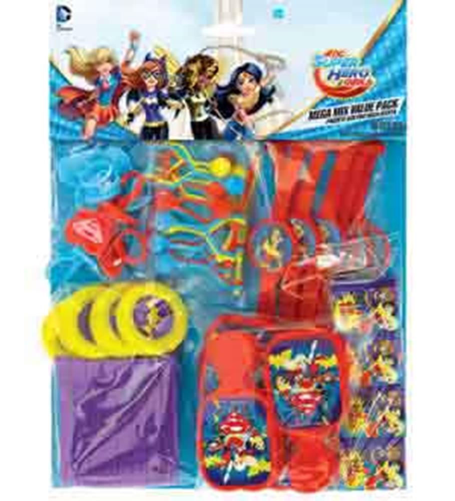 DC Super Hero Girls party favor set with bracelets, rings, bags, and superhero-themed accessories in bright colors.