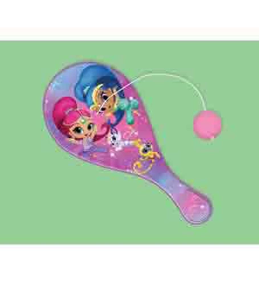 Purple plastic paddle ball with Shimmer and Shine characters and attached pink ball.