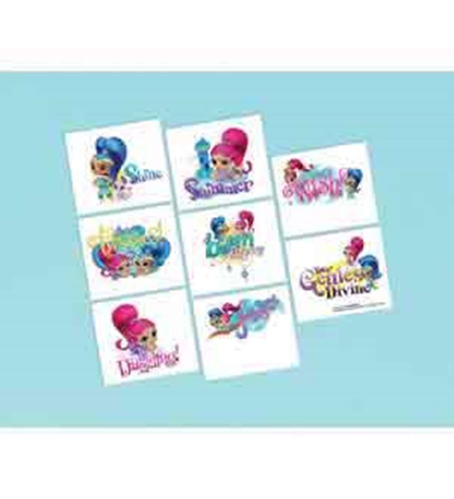 Eight colorful temporary tattoos featuring Shimmer and Shine characters and themed designs on white sheets.