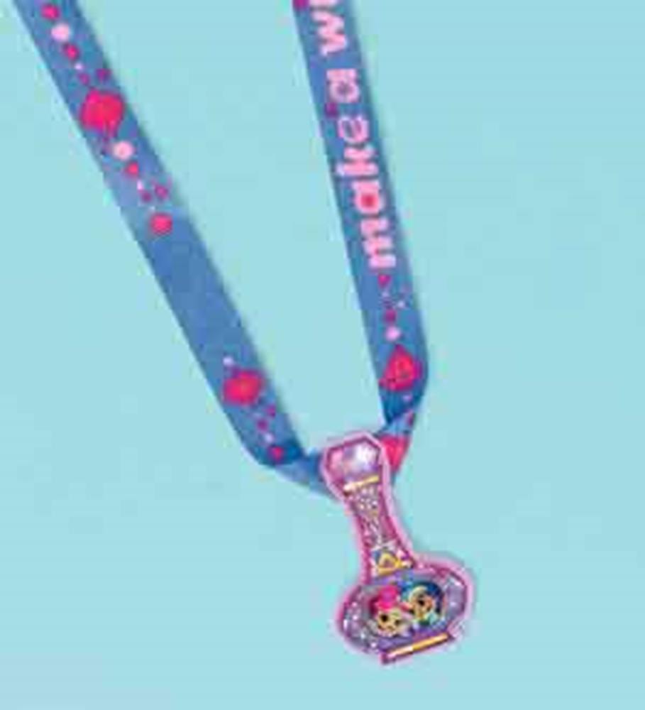 Blue fabric lanyard with pink hearts and "Make a Wish" text, attached to pink cartoon character charm centerpiece.