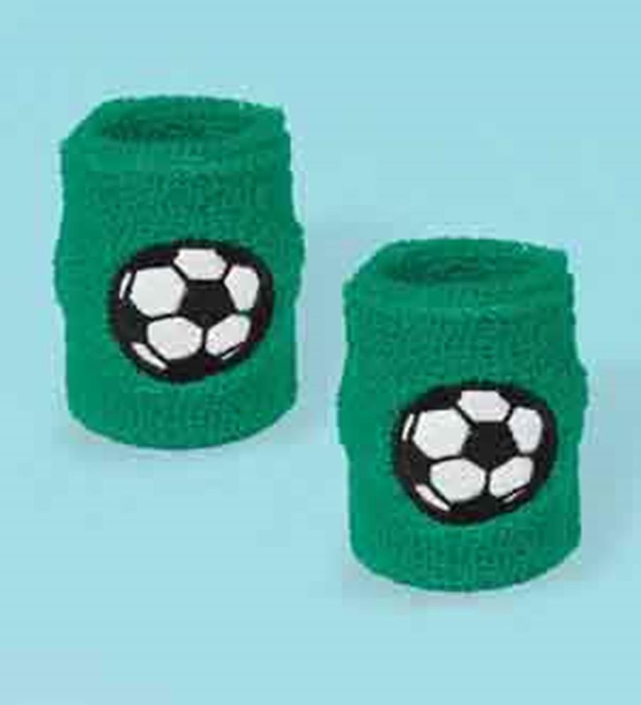 Green terry cloth sweatbands with black and white soccer ball patches, set of two.