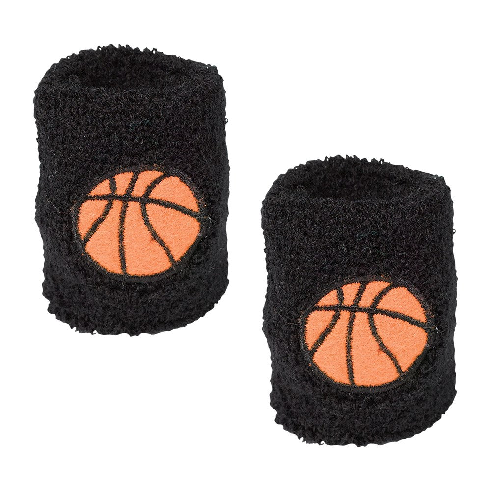 Black terry cloth wristbands with orange basketball graphic, set of two.