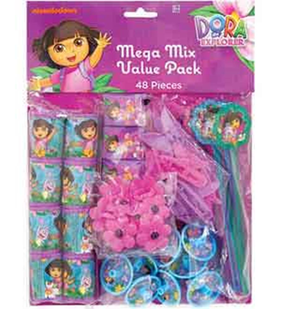 Dora the Explorer themed party favors including noisemakers, cups, and blowouts in pink and blue packaging.