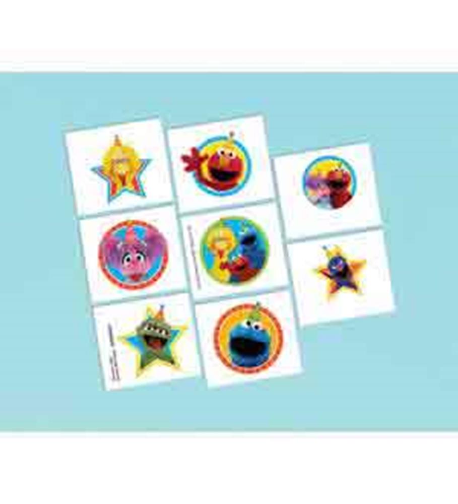 Eight colorful Sesame Street temporary tattoos featuring characters like Big Bird, Elmo, Cookie Monster, Abby Cadabby, and.