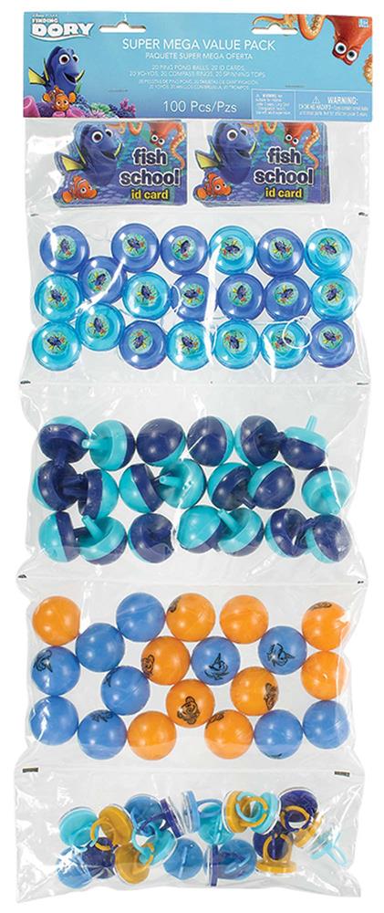 Finding Dory themed party favor pack with colorful blue, orange, and teal beads and character buttons, 100 pieces.