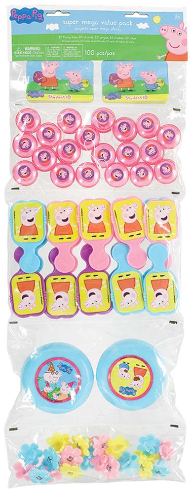 Peppa Pig Super Mega Mix party favors including badges, rings, erasers, and decorative items in bright colors.
