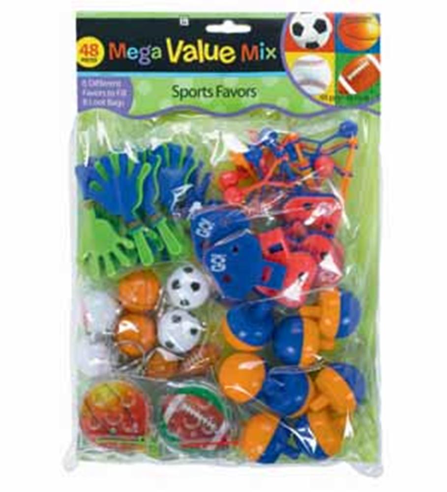 Clear plastic bag containing 48 colorful plastic sports-themed party favors including green hands, blue and red whistles,.