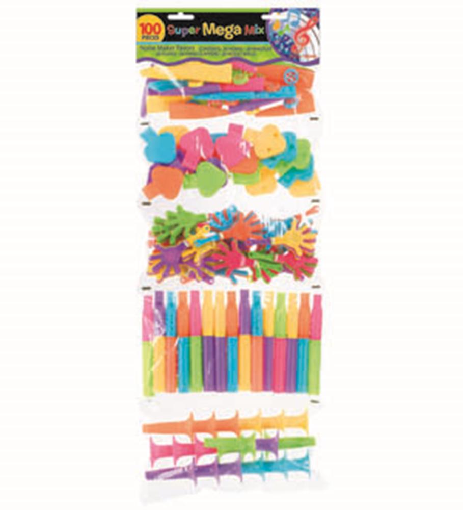 Pack of colorful plastic noise makers and party blowouts in assorted bright colors.