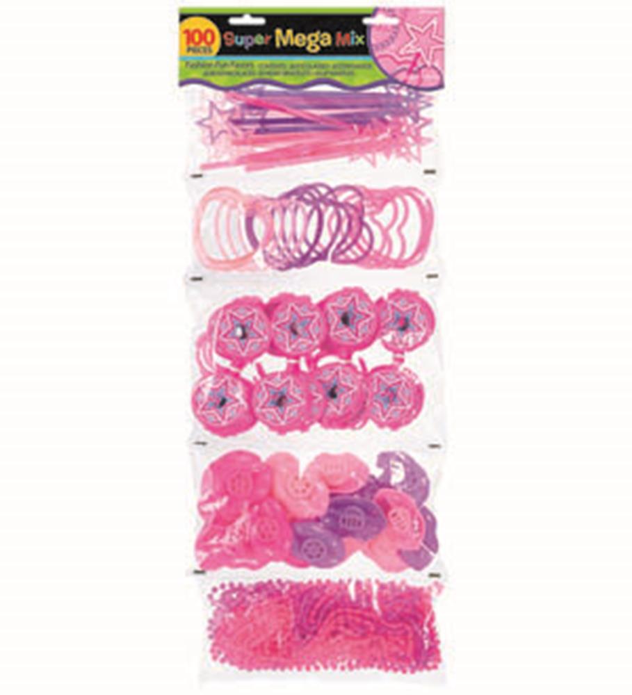 Pink party toy value pack with rings, bracelets, necklaces, and hair accessories.