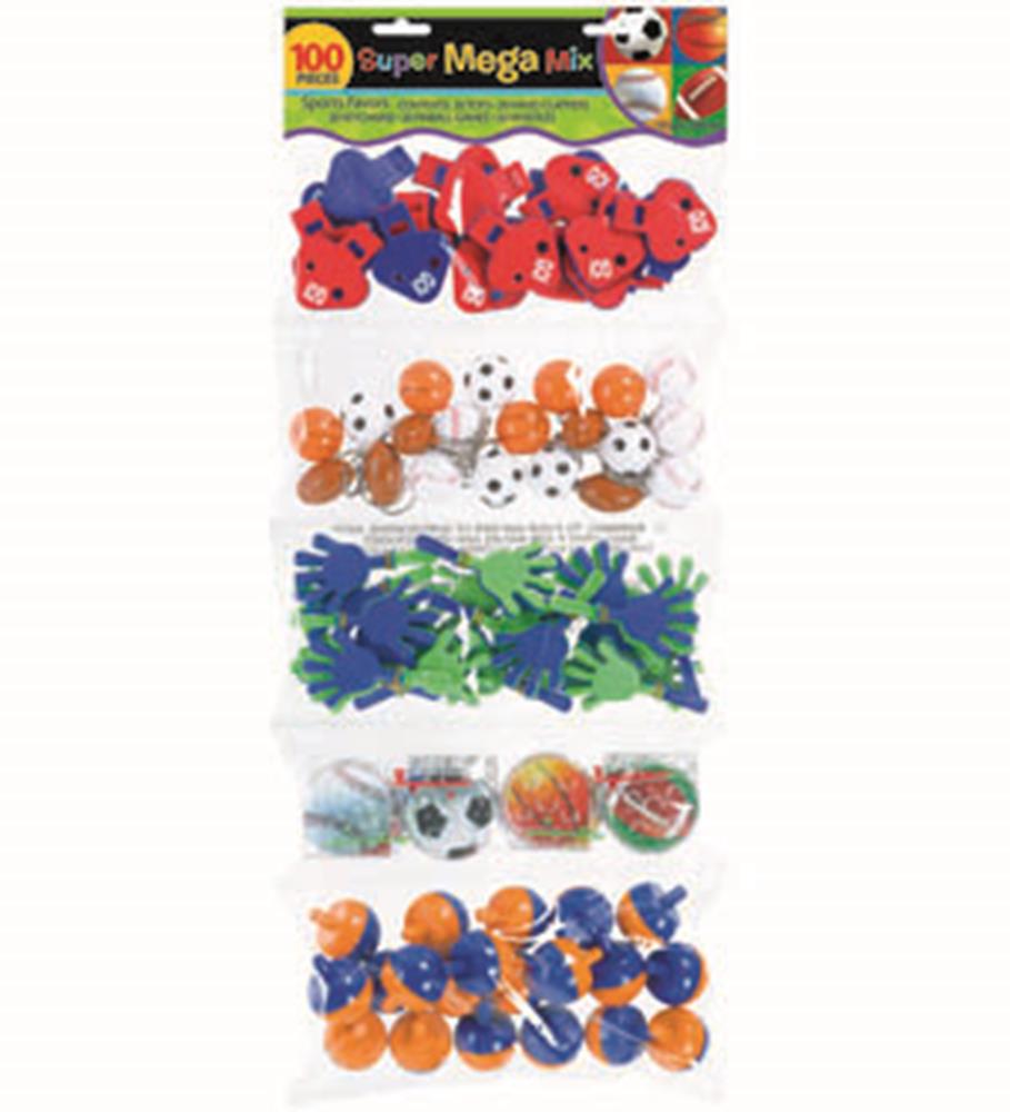 Assorted colorful plastic sports-themed counters including footballs, basketballs, soccer balls, and hands in blue, orange,.