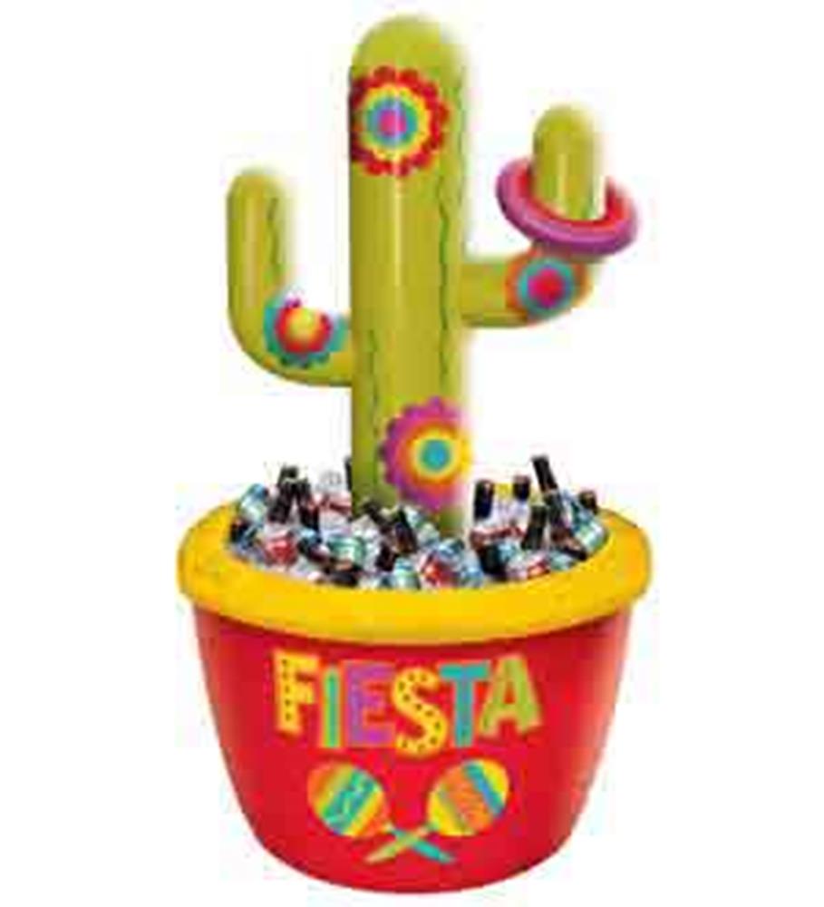 Inflatable green cactus with colorful target circles in a red cooler bowl filled with ice and bottles, yellow rim and.