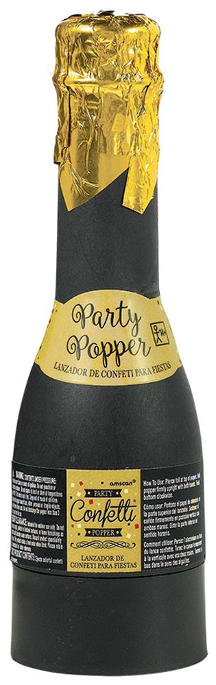 Black mini bottle confetti popper with gold foil top and decorative label reading "Party Popper".