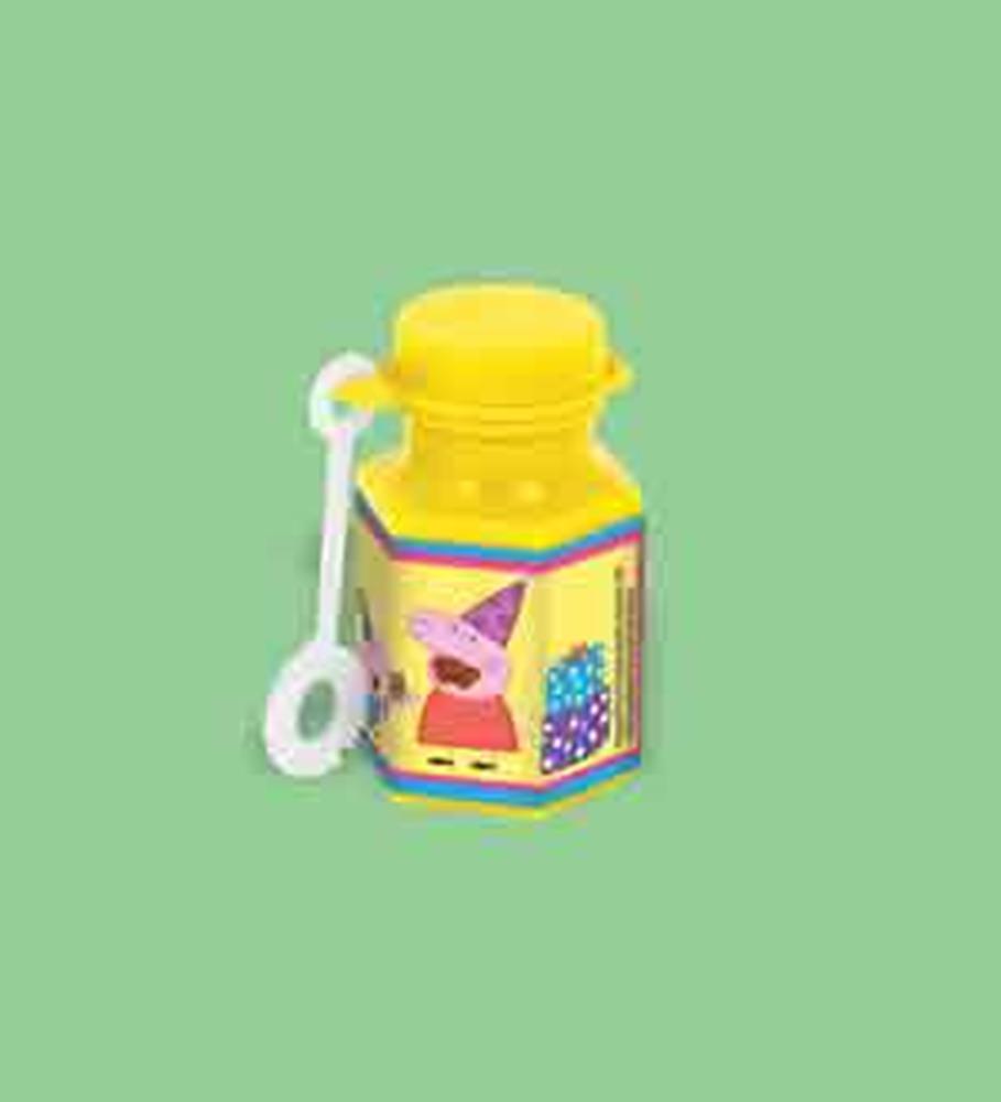 Yellow Peppa Pig mini bubble bottle with purple and blue party-themed label and white wand attached.