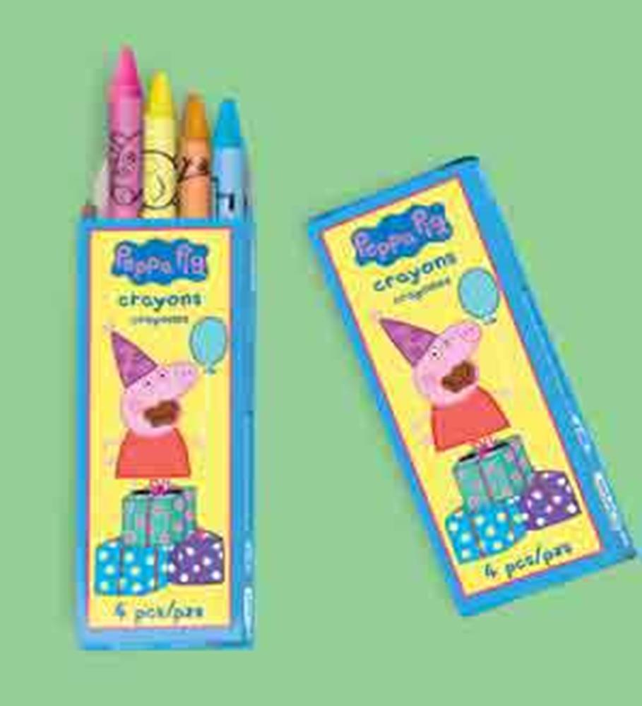 Peppa Pig themed pack of 12 colorful crayons, featuring Peppa with balloons and presents on the box.