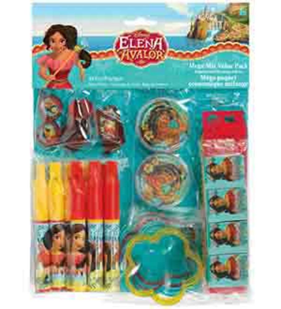 Elena of Avalor themed party pack with blowouts, noisemakers, cups, and plates in colorful packaging.